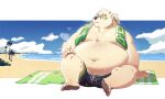  2023 anthro beach bear belly big_belly bulge clothing humanoid_hands leib_(tas) lifewonders male mammal navel obese obese_male outside overweight overweight_male polar_bear riisago seaside sitting solo swimwear tokyo_afterschool_summoners towel towel_around_neck ursine water 