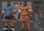  2022 abs angry_face anthro balls bert_(blackclownowo) biceps blackclown00 blue_clothing blue_shirt blue_t-shirt blue_topwear bottomwear brown_body brown_fur brown_hair brown_nipples canid canine canis character_name clothing domestic_dog english_text fur genitals german_shepherd hair herding_dog hi_res male mammal model_sheet nipples obliques pastoral_dog pecs penis quads shirt shorts solo t-shirt text topwear 