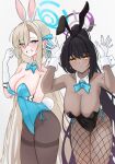  2girls animal_ears asuna_(blue_archive) asuna_(bunny)_(blue_archive) bare_shoulders black_hair black_pantyhose blonde_hair blue_archive blue_bow blue_bowtie blue_eyes blue_halo blue_leotard blush bow bowtie breasts cleavage collarbone covered_navel cowboy_shot dark-skinned_female dark_skin detached_collar elbow_gloves english_commentary fake_animal_ears fake_tail fishnet_pantyhose fishnets gloves grin halo hand_up hanging_breasts highleg highleg_leotard highres karin_(blue_archive) karin_(bunny)_(blue_archive) large_breasts leotard long_hair looking_at_viewer magui3 mole mole_on_breast multiple_girls official_alternate_costume official_alternate_hairstyle pantyhose parted_bangs playboy_bunny ponytail purple_halo rabbit_ears rabbit_pose rabbit_tail simple_background smile strapless strapless_leotard tail thighband_pantyhose very_long_hair white_background white_gloves white_wrist_cuffs yellow_eyes 