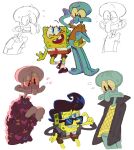  anthro blush bodily_fluids bottomwear cephalopod clothing coleoid duo eyewear hi_res male mao_draws marine mollusk nickelodeon octopodiform octopus on_model sea_sponge shirt shorts smile spongebob_squarepants spongebob_squarepants_(character) squidward_tentacles sunglasses sweat toony topwear 