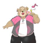  anthro bear belly blush brown_body brown_fur crave_saga fur gabu_(crave_saga) green_eyes hi_res jewelry male mammal microphone necklace one_eye_closed overweight simple_background singing siokun_dayoo solo white_background wink 