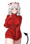  1girl blush clothes_pull demon demon_girl demon_horns demon_tail hand_on_own_chest heart heart-shaped_pupils helltaker highres horns looking_at_viewer modeus_(helltaker) red_sweater smile sweater symbol-shaped_pupils tail thighs white_background white_hair xai_(xai_xaii1996) 