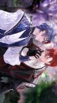  2boys alear_(fire_emblem) alear_(male)_(fire_emblem) black_gloves blue_hair blush closed_eyes diamant_(fire_emblem) fire_emblem fire_emblem_engage gloves highres kiss kissing_hand long_sleeves looking_at_another male_focus multiple_boys nair official_alternate_costume red_eyes red_hair sunlight yaoi 
