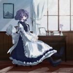  apron blue_eyes blue_hair blue_skirt blue_vest book book_stack day hat hat_removed headwear_removed highres indoors koyane_(silver81106) lapel_pin letty_whiterock looking_to_the_side medium_hair picture_frame skirt sunlight touhou vest waist_apron window_shade 