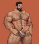  1boy abs absurdres arm_hair bara beard black_hair chest_hair chris_redfield cum ejaculation erection facial_hair grey_male_underwear highres large_pectorals leg_hair looking_at_viewer male_focus male_underwear muscular muscular_male navel nipples orange_background pectorals penis resident_evil resident_evil_village short_hair simple_background solo testicles thick_thighs thighs twitter_username underwear waympo 