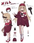  1girl absurdres blonde_hair closed_mouth dangle_earrings earrings expressionless highres jewelry long_sleeves looking_at_viewer original pointy_ears red_eyes red_footwear sleep_mask socks solo symbol-shaped_pupils v white_socks x-shaped_pupils zizi_niisan 