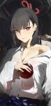  1girl absurdres alternate_costume apple black_hair blue_archive food fruit halo highres holding holding_food holding_fruit kji_(rozo) looking_at_viewer open_collar oversized_clothes oversized_shirt red_eyes reflection rio_(blue_archive) shirt single_bare_shoulder solo upper_body white_shirt 