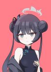  1girl bangs black_coat black_dress black_hair blue_archive blunt_bangs butterfly_hair_ornament china_dress chinese_clothes coat commentary_request double_bun dress grey_eyes hair_bun hair_ornament halo heeya highres kisaki_(blue_archive) long_hair long_sleeves looking_away red_background sidelocks simple_background sleeveless sleeveless_dress solo turtleneck_dress twintails 