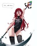  1girl absurdres ai-generated alternate_costume freckles highres hunter_x_hunter kite_(chimera_ant) leotard long_hair non-web_source pink_eyes red_hair scythe speech_bubble standing thighhighs 