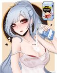  1girl blush bra breasts bright_pupils collarbone grey_hair heart highres long_hair mikuneki milk milk_carton nescafe original ponytail pouring pouring_onto_self red_bra red_eyes sidelocks single_bare_shoulder solo strap_slip tank_top twitter_username underwear upper_body white_pupils white_tank_top 