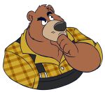  2023 4_fingers anthro bear biped black_nose brok_the_investigator brown_body brown_fur clothing fingers fur glassesgator hi_res humanoid_hands male mammal overalls r.j._(brok_the_investigator) shirt slightly_chubby solo topwear 