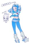  1girl :o bangs_pinned_back blue_hair blue_jacket blue_pantyhose blue_shorts blue_sweater blurr_(transformers) blush boots breasts character_name cropped_jacket full_body genderswap genderswap_(mtf) grey_footwear humanization jacket looking_to_the_side medium_breasts midriff mu_(meatfriedsteak) multiple_views navel open_mouth pantyhose ponytail shorts simple_background sketch solo_focus sweater transformers white_background winged_footwear 