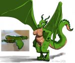  anthro camel_toe claws contrapposto dragon female green_body horn markings scalie solo specialspoon spots spotted_markings spread_wings toy transformation wings 