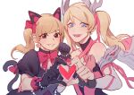 2girls animal_ears black_cat_d.va black_dress black_gloves blonde_hair blue_eyes blush bow breasts brown_eyes cat_ears cat_tail cleavage cleavage_cutout clenched_hand clothing_cutout d.va_(overwatch) die_(kurosb) dress english_commentary fake_animal_ears fingerless_gloves floating_hair gloves hair_bow heart heart_hands heart_hands_duo horns looking_at_viewer mercy_(overwatch) multiple_girls overwatch overwatch_1 pink_bow pink_dress pink_mercy pink_nails smile tail twintails upper_body 