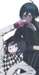  2boys :o ahoge arm_up black_hair black_jacket bottle brown_eyes buttons checkered_clothes checkered_scarf danganronpa_(series) danganronpa_v3:_killing_harmony flipped_hair hair_between_eyes holding holding_bottle jacket long_sleeves male_focus multiple_boys open_mouth ouma_kokichi purple_eyes saihara_shuuichi scarf seuli_(sa404_3) simple_background striped striped_jacket white_jacket 