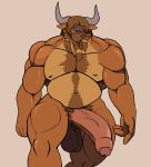  anthro beard beard_ponytail bovid bovine cattle droll3 european_mythology facial_hair greek_mythology hair hair_over_eye hi_res horn male mammal minotaur muscular muscular_male mythology nude one_eye_obstructed solo walking 