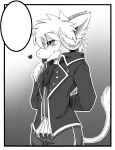  anthro blep clothed clothing ears_back hair half-length_portrait hi_res horn kuttoyaki male monochrome narrowed_eyes pivoted_ears portrait short_hair simple_background solo standing tail tail_tuft tongue tongue_out tuft 