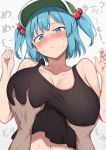  !? 1boy 1girl absurdres black_tank_top blue_eyes blue_hair blush breasts cleavage closed_mouth commentary_request flat_cap green_headwear groping hair_bobbles hair_ornament hat highres kawashiro_nitori large_breasts looking_at_viewer nagomian navel pov pov_hands short_hair solo_focus sweat tank_top teeth touhou translation_request two_side_up upper_body upper_teeth_only white_background 