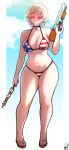  1girl american_flag_bikini bikini blonde_hair breasts choker chris_(ginseng) cleavage earrings flag_print full_body ginseng_(xin) highres holding holding_skewer holding_water_gun jewelry looking_at_viewer navel open_mouth original sandals short_hair skewer solo sunglasses swimsuit water_gun yakiniku 