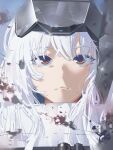  1girl absurdres blood cloak closed_mouth commentary_request expressionless gloomyowl goddess_of_victory:_nikke hair_between_eyes highres long_hair looking_at_viewer orange_eyes portrait snow_white_(nikke) solo visor_(armor) visor_lift white_cloak white_hair 