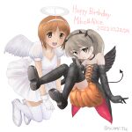  2girls angel_wings black_footwear black_gloves black_ribbon black_shirt black_wings boots brown_eyes brown_hair character_name choker closed_mouth coattails dated demon_horns demon_tail dress elbow_gloves english_text fake_halo fake_horns fake_tail fake_wings floating girls_und_panzer gloves hair_ribbon halloween halloween_costume halo happy_birthday horns light_brown_hair long_hair looking_at_viewer multiple_girls nishizumi_miho one_side_up open_mouth orange_shorts puffy_short_sleeves puffy_sleeves pumpkin_pants ribbon scamp_(scamp_f16) shimada_arisu shirt short_dress short_hair short_sleeves shorts simple_background smile strapless strapless_shirt tail thigh_boots twitter_username white_background white_choker white_dress white_wings wings 