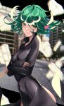  1girl black_dress breasts closed_mouth collared_dress commentary covered_navel crossed_arms curly_hair dress english_commentary green_eyes green_hair highres long_sleeves looking_at_viewer one-punch_man short_hair side_slit small_breasts solo tatsumaki wanderstillart 