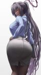  1girl alternate_costume ass ass_focus black_hair black_pantyhose black_skirt blue_archive blue_shirt blush breasts dark-skinned_female dark_skin hair_intakes halo hand_on_own_hip highres karin_(blue_archive) large_breasts long_hair looking_at_viewer office_lady pantyhose pencil_skirt ponytail shirt silver_bullet_(ecc12_8) simple_background skirt smile solo very_long_hair white_background 