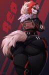  absurd_res anthro big_butt bottom_heavy bottomwear butt clothed clothing cosplay crossed_arms epic_games female fortnite fully_clothed fur generation_7_pokemon grin hair hi_res huge_butt jacket looking_at_viewer looking_back looking_back_at_viewer lycanroc midnight_lycanroc neck_tuft nintendo pack_leader_highwire pants pokemon pokemon_(species) rear_view red_body red_eyes red_fur smile solo standing thick_thighs tight_bottomwear tight_clothing tight_pants topwear tuft white_hair wide_hips xintro 