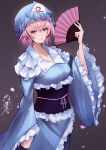  1girl absurdres blue_headwear blue_kimono blush breasts cleavage closed_mouth collarbone folding_fan frilled_sleeves frills hair_between_eyes hand_fan hat highres holding holding_fan japanese_clothes kimono long_sleeves mob_cap obi pink_eyes pink_hair saigyouji_yuyuko sash short_hair solo touhou triangular_headpiece wide_sleeves yagoro_kusuriya 