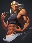  1boy abs absurdres artist_name battle_tendency blonde_hair closed_mouth earrings facial_mark ginyuiti green_eyes hand_up highres hoop_earrings jewelry jojo_no_kimyou_na_bouken lip_ring loincloth looking_at_viewer male_focus muscular muscular_male navel short_hair solo turban wamuu 