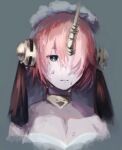  1girl blue_eyes crying fate/apocrypha fate_(series) faux_traditional_media frankenstein&#039;s_monster_(fate) grey_background hair_over_one_eye headgear horns mechanical_horns mushiao pink_hair sad short_hair single_horn solo tears veil 