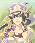  1girl armor axe black_hair breastplate fire_emblem fire_emblem:_genealogy_of_the_holy_war fire_emblem_heroes forest hat highres kenmei_slg larcei_(fire_emblem) larcei_(scion)_(fire_emblem) looking_at_viewer nature official_alternate_costume open_mouth short_hair shoulder_armor sidelocks smile solo tomboy tree upper_body 