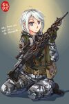  1girl ammunition_pouch boots camouflage english_text gas_mask gauss_rifle_(stalker) gloves grey_eyes gun highres kneeling mask ndtwofives pouch scope stalker_(game) tactical_clothes weapon white_hair 