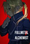  1boy 8kcud amestris_military_uniform blonde_hair blue_jacket closed_mouth copyright_name edward_elric from_side fullmetal_alchemist gloves hand_in_pocket jacket long_hair long_sleeves male_focus military_uniform ponytail profile red_background solo sweat uniform upper_body white_gloves yellow_eyes 