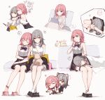  ! 2girls absurdres animal_on_lap animal_slippers asta_(honkai:_star_rail) bare_shoulders black_bow black_bowtie black_footwear black_straps bow bowtie braid breasts center_frills closed_eyes closed_mouth collar collared_shirt frills full_body grey_hair hair_between_eyes heart highres honkai:_star_rail honkai_(series) hug index_finger_raised lying_on_lap medium_breasts medium_hair multiple_girls multiple_views musical_note off_shoulder on_lap peppy_(honkai:_star_rail) pillow pink_footwear pink_hair revision shirt sidelocks simple_background single_strap sleeping slippers smile socks speech_bubble stelle_(honkai:_star_rail) stelle_(world_tour_2023)_(honkai:_star_rail) thigh_strap trailblazer_(honkai:_star_rail) white_collar white_shirt white_socks yajuu yellow_eyes yuri zzz 