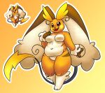  anthro astralsheep beady_eyes big_ears breasts brown_body brown_eyes brown_fur eyelashes fakemon featureless_breasts featureless_crotch female floppy_ears fur fusion generation_1_pokemon generation_4_pokemon hi_res hybrid lop_ears lopunny navel nintendo open_mouth open_smile orange_body orange_fur overweight overweight_female pokemon pokemon_(species) pokemon_fusion raichu rosy_cheeks simple_background smile solo thick_thighs white_body white_fur wide_hips yellow_background 