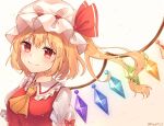  1girl ascot blonde_hair breasts closed_mouth collared_shirt crystal flandre_scarlet frilled_shirt_collar frilled_sleeves frills glowing glowing_wings gradient_background hat hat_ribbon head_tilt highres long_hair looking_at_viewer mob_cap multicolored_wings one_side_up puffy_short_sleeves puffy_sleeves red_eyes red_ribbon red_vest ribbon ribbon-trimmed_headwear ribbon_trim runa_(runa7733) shirt short_sleeves simple_background small_breasts smile solo touhou twitter_username upper_body vest white_background white_headwear white_shirt wings yellow_ascot yellow_background 