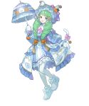  1girl alternate_costume animal_hands bell cat_tail detached_sleeves dress drill_hair fake_tail fire_emblem fire_emblem_heroes flayn_(fire_emblem) flayn_(halloween)_(fire_emblem) frills full_body gloves green_eyes green_hair hair_ornament hat highres holding holding_umbrella jack-o&#039;-lantern jingle_bell long_hair long_sleeves looking_at_viewer non-web_source official_alternate_costume official_art pantyhose paw_gloves paw_shoes pumpkin ribbon short_dress skirt_hold smile striped tail tobi_(kotetsu) transparent_background umbrella vertical_stripes 