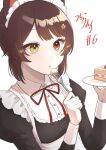  animal_ears black_dress braid brown_hair cake collared_dress dog_ears dress flower food french_braid hair_flower hair_ornament heterochromia highres holding holding_plate holding_spoon inui_toko inui_toko_(7th_costume) juliet_sleeves light_blush long_sleeves maid_headdress mitora_nao neck_ribbon nijisanji open_mouth parted_bangs plate puffy_sleeves red_eyes red_ribbon ribbon sidelocks simple_background solo spoon strawberry_shortcake upper_body virtual_youtuber white_background white_wristband yellow_eyes 