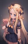 1girl abigail_williams_(fate) black_bow black_choker black_sailor_collar black_serafuku black_shirt black_skirt blonde_hair blue_eyes bow choker collarbone commentary english_commentary fate/grand_order fate_(series) grey_background hair_bow highres hugging_object long_hair looking_at_viewer miya_(miyaruta) orange_bow parted_bangs parted_lips sailor_collar school_uniform serafuku shirt short_sleeves skirt solo standing stuffed_animal stuffed_toy teddy_bear very_long_hair 