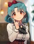 1girl blurry blurry_background blush bow_hairband breasts center_frills collar finger_to_cheek frilled_collar frills green_hair hairband idolmaster idolmaster_million_live! indoors kamille_(vcx68) long_sleeves looking_at_viewer medium_breasts neck_ribbon ribbon smile solo tokugawa_matsuri upper_body 
