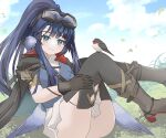  animal animal_ears arknights ass astgenne_(arknights) bird bird_ears bird_tail black_gloves black_thighhighs blue_eyes blue_hair blush boots buckle commentary_request gloves goggles goggles_on_head high_heel_boots high_heels knees_up long_hair looking_at_viewer outdoors ponytail rhine_lab_logo smile tail thighhighs tififox 