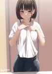  1girl blurry blurry_background blush brown_eyes brown_hair closed_mouth clothes_writing commentary_request jonsun looking_at_viewer misaki_(jonsun) original shirt short_hair short_sleeves solo t-shirt twitter_username white_shirt 