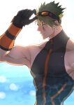  1boy abs absurdres achilles_(fate) achilles_(fearless_diver)_(fate) blurry blurry_background brown_eyes closed_mouth fate/grand_order fate_(series) from_side gauntlets goggles goggles_on_head green_hair hair_between_eyes haruakira highres large_pectorals looking_to_the_side male_focus muscular muscular_male pectorals short_hair sidepec solo turtleneck undercut upper_body 