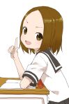  1girl :d absurdres black_sailor_collar black_skirt brown_eyes brown_hair commentary_request desk forehead from_side hand_up highres index_finger_raised karakai_jouzu_no_(moto)_takagi-san karakai_jouzu_no_takagi-san looking_at_viewer looking_to_the_side neckerchief nishikata_chii parted_lips pleated_skirt red_neckerchief sailor_collar school_desk school_uniform serafuku shirt short_sleeves simple_background skirt smile solo white_background white_shirt yamamoto_souichirou 