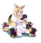  1girl absurdres alternate_costume animal_ear_fluff animal_ears animal_hug bare_shoulders blonde_hair blue_nails blush braid breasts commentary_request dress fox_ears fox_girl fox_tail full_body hair_over_shoulder heart heart-shaped_pupils highres hololive ichijo_rei looking_at_animal medium_breasts medium_hair nail_polish official_art omaru_polka open_mouth side_braid sidelocks simple_background sitting sleeveless sleeveless_dress smile solo spaghetti_strap symbol-shaped_pupils tachi-e tail virtual_youtuber wariza white_background white_dress zain_(omaru_polka) 