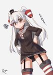  1girl akashieru amatsukaze_(kancolle) artist_logo black_panties brown_dress brown_eyes commentary_request cowboy_shot dress garter_straps gloves grey_neckerchief hair_tubes hands_on_own_hips hat highres kantai_collection lifebuoy_ornament long_hair looking_at_viewer mini_hat neckerchief one-hour_drawing_challenge panties red_thighhighs sailor_dress short_dress simple_background single_glove smokestack_hair_ornament solo squiggle standing striped striped_thighhighs thighhighs translation_request two_side_up underwear white_background white_gloves white_hair 
