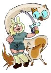  10bullz adventure_time anthro blonde_hair blue_sclera body_hair bottomwear cake_the_cat cartoon_network clothing countershade_torso countershading domestic_cat duo fake_ears fake_rabbit_ears felid feline felis female fionna_and_cake fionna_the_human footwear hair hi_res holding_object holding_sword holding_weapon human leg_hair legwear mammal melee_weapon open_mouth open_smile paws pose reptile scalie shirt shorts smile snake socks sword t-shirt tail thigh_highs thigh_socks toony topwear weapon whiskers 