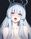  1girl bare_shoulders black_background blue_archive blue_hair blunt_bangs blush breasts bright_pupils cleavage collarbone halo head_tilt headgear highres large_breasts light_blue_hair long_hair looking_at_viewer naughty_face neck noa_(blue_archive) open_mouth purple_eyes reia_76 simple_background solo tongue tongue_out topless upper_body white_halo 