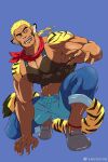  1boy abs animal_ears ass_visible_through_thighs bandana bara blonde_hair body_fur cropped_shirt dark-skinned_male dark_skin fangs fingernails fishnet_top fishnets goatee_stubble hand_on_floor hand_up kito_(clamp5656) large_pectorals long_hair looking_to_the_side male_focus mature_male muscular muscular_male original pants pants_rolled_up pectoral_cleavage pectorals see-through sharp_fingernails sidepec solo squatting stomach tail thick_eyebrows thick_tail thick_thighs thighs tiger_boy tiger_ears tiger_stripes tiger_tail 